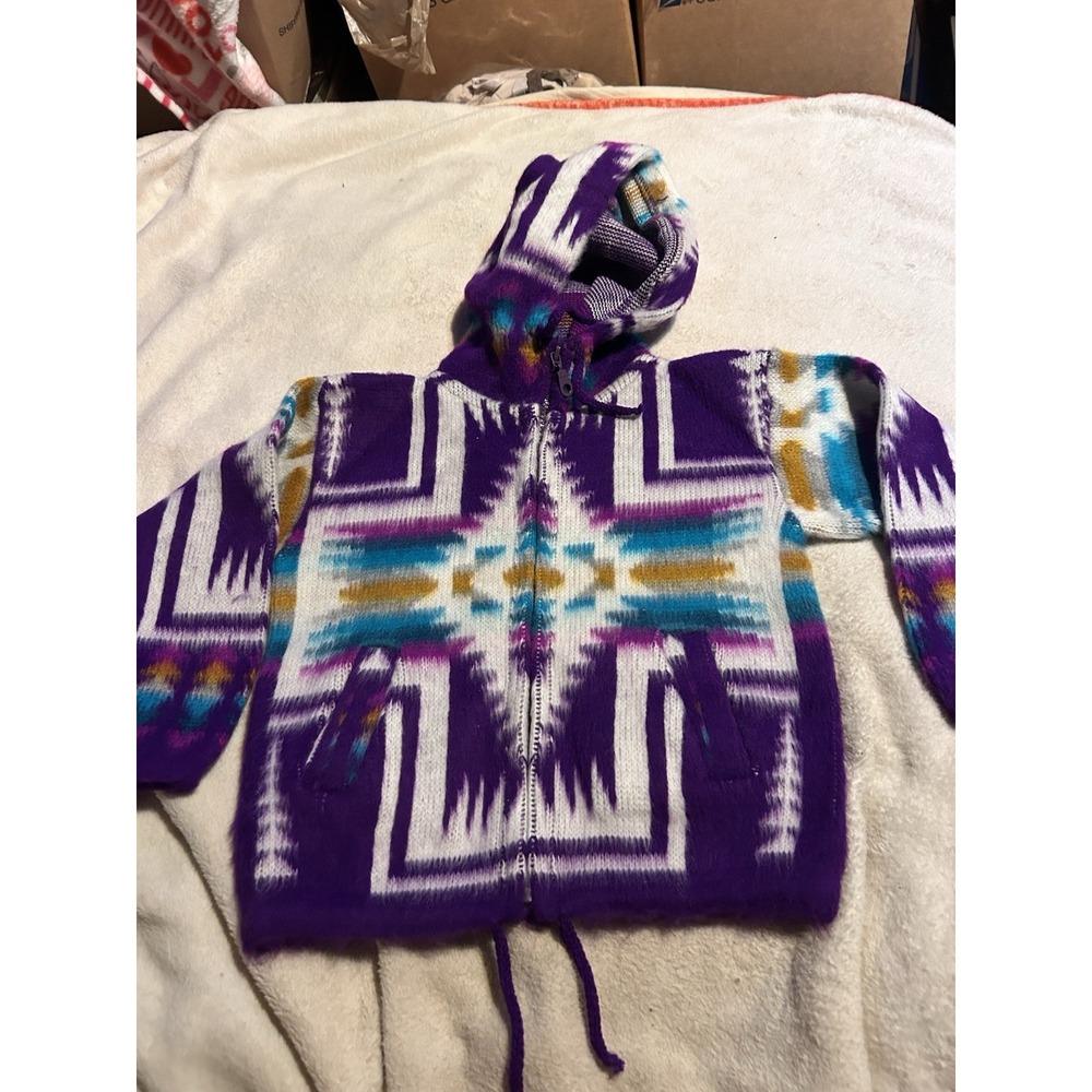 Handmade Ecuador Wool Southwestern Zip Hoodie Sweater Kids Size 2 Purple